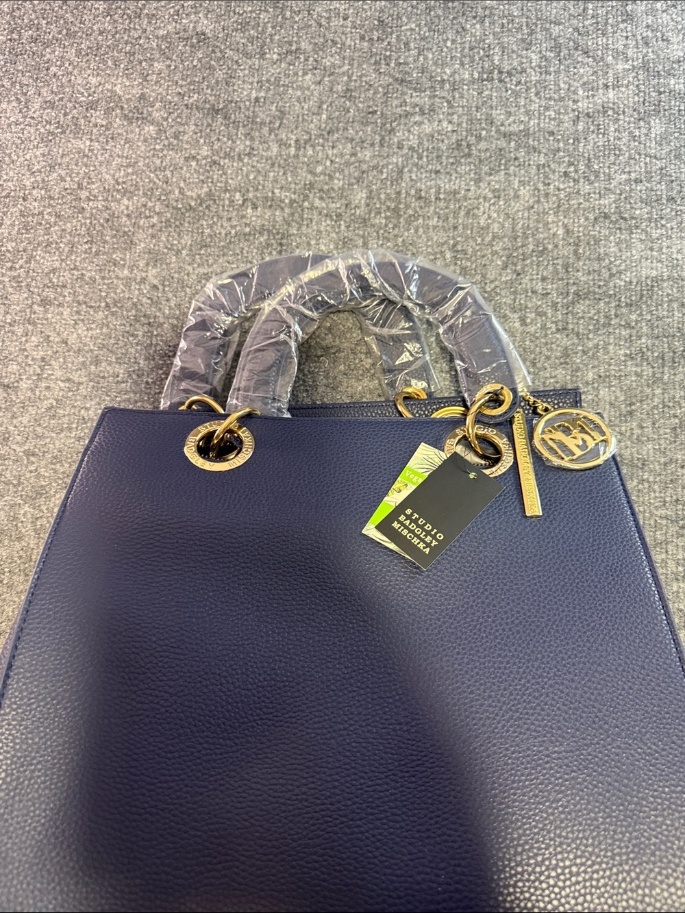 Badgley Mischka Navy Pebbled Leather Tote with Gold Hardware